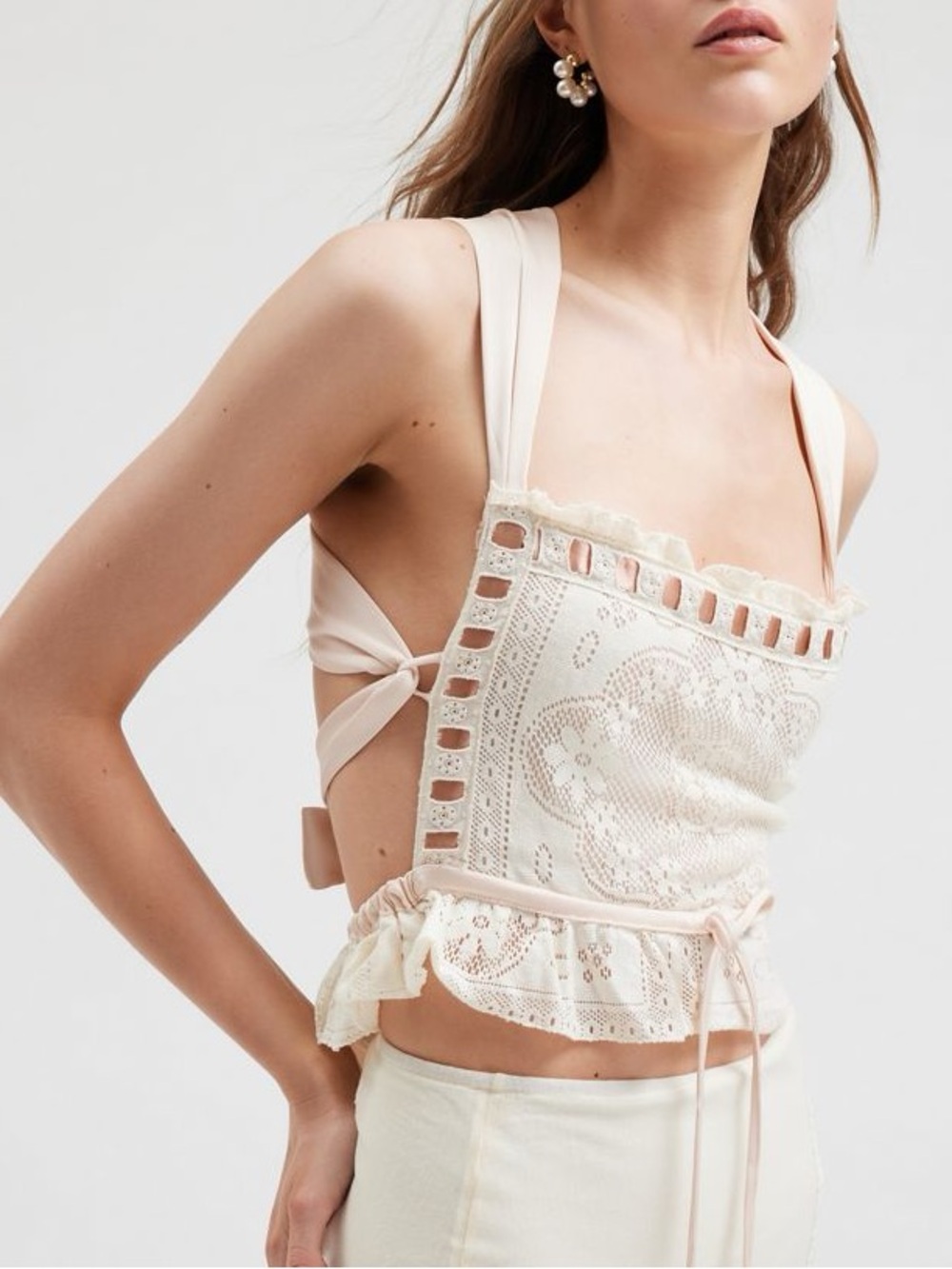 For Love & Lemons Charlotte Lace Tank Top Lace Eyelet Tie-Back Cami Top Cream an